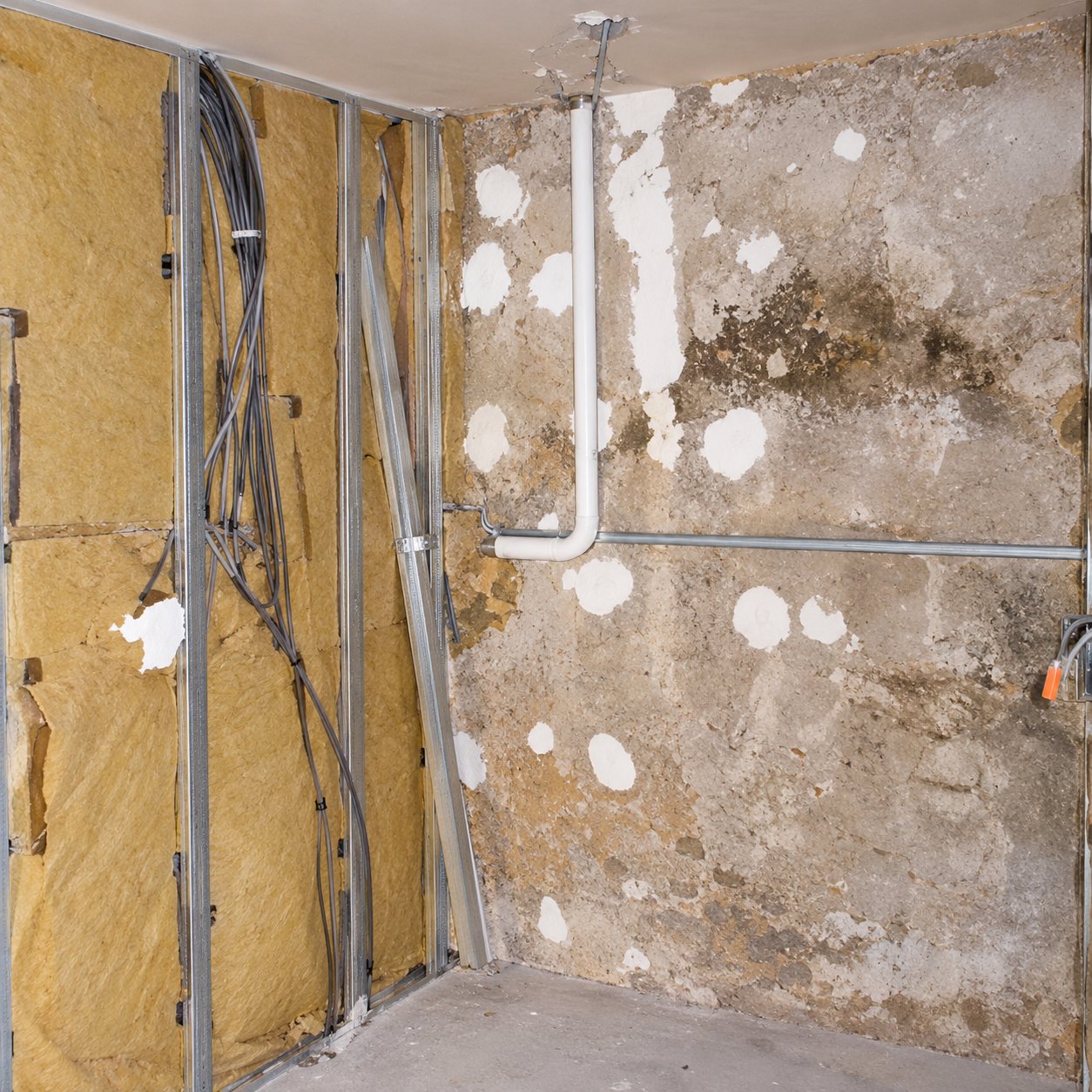 Intérieur d'une salle de bain en cours de rénovation, avec une paroi de douche en verre éclaboussée de gouttes et une douchette fixée au mur.