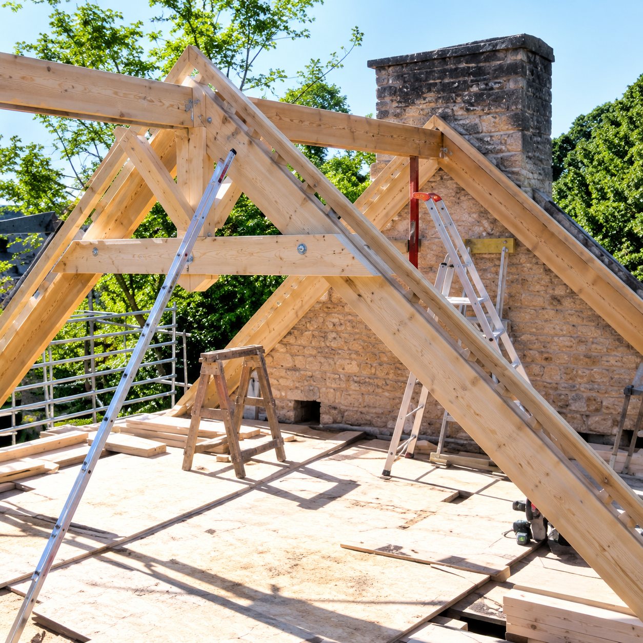 Une charpente en bois en cours de montage sur une maison, avec une cheminée en briques en arrière-plan et des arbres verts autour.