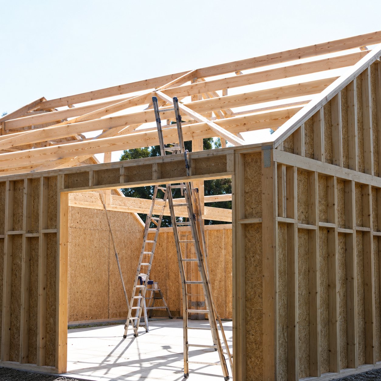 Chantier d'une maison en construction dont la charpente en bois est posée sur des murs à ossature, avec une échelle au centre.