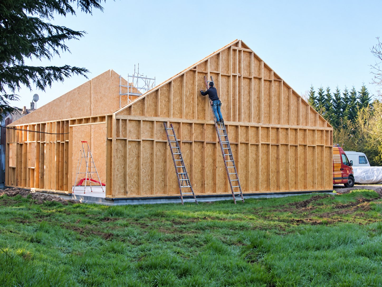 Une maison à ossature bois en cours de construction sur un terrain herbeux, avec un ouvrier monté sur une échelle contre le pignon.