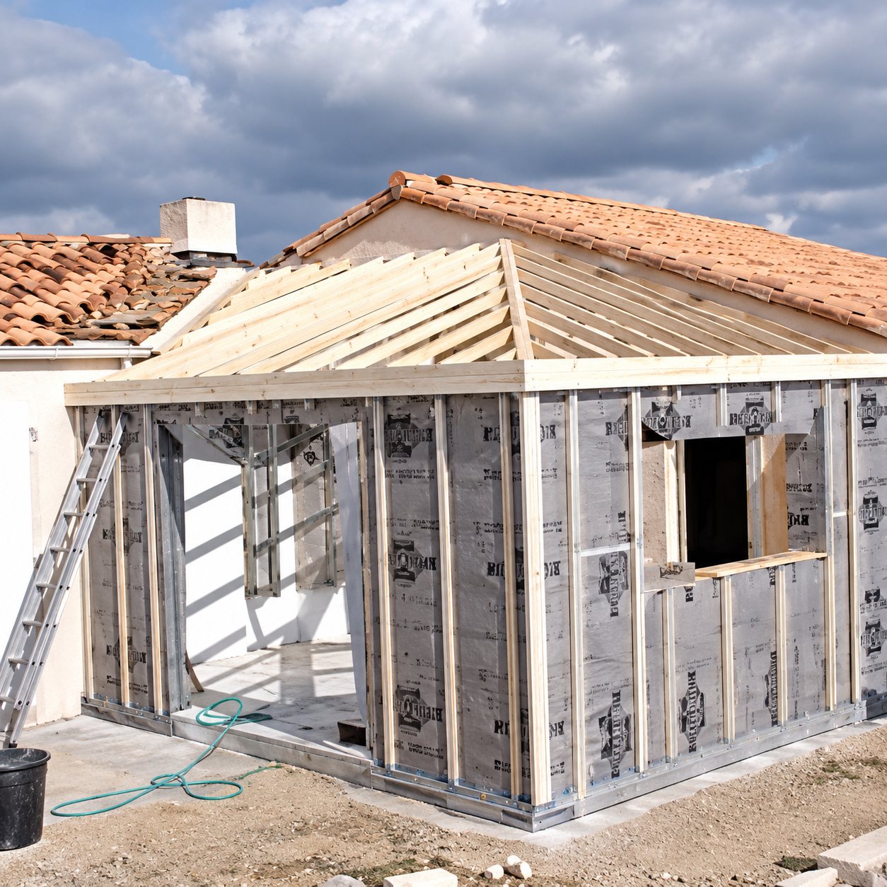 Chantier d'une petite maison dont l'ossature métallique est visible, avec une toiture en tuiles déjà posée et un ciel nuageux en arrière-plan.
