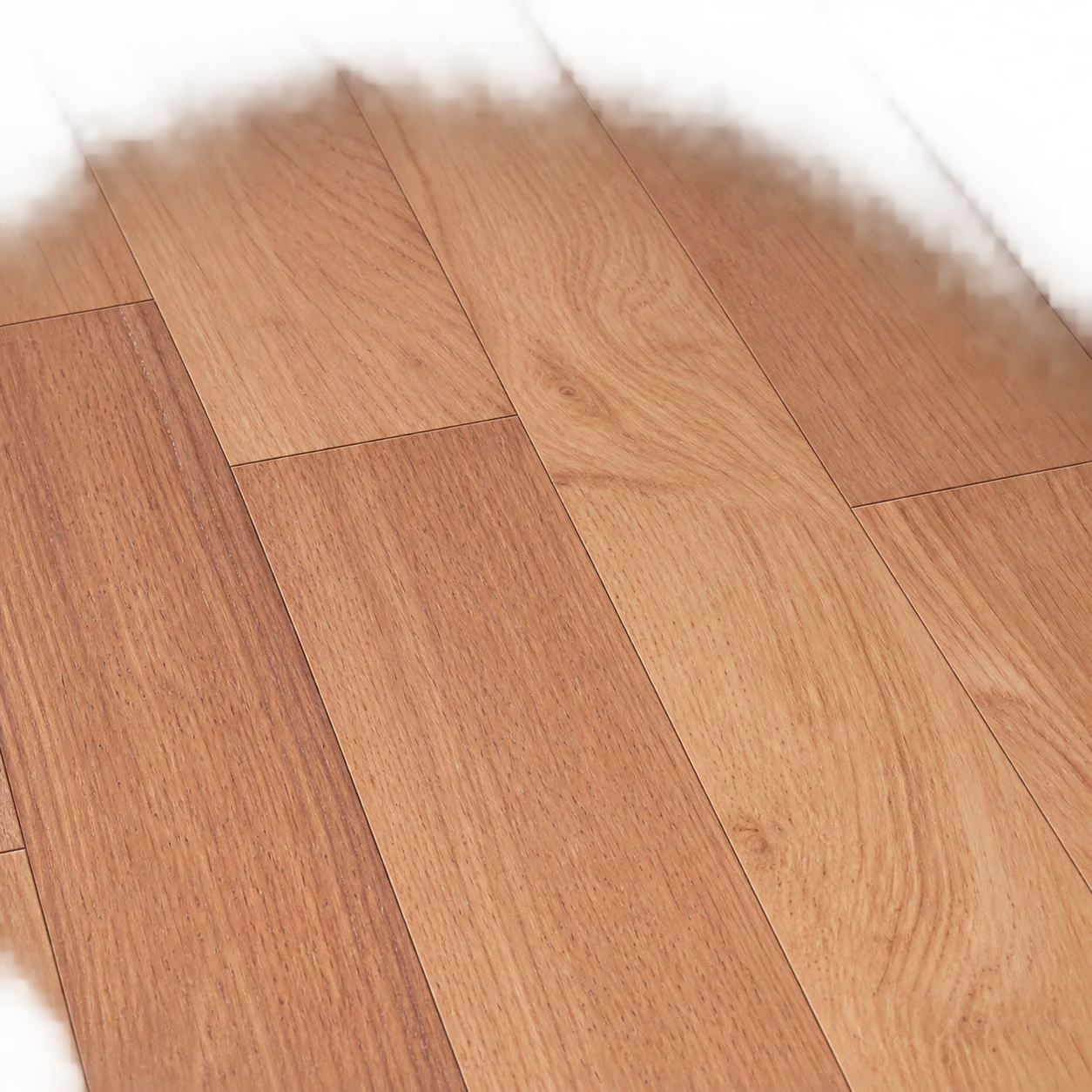 Gros plan sur des lames de parquet en bois clair aux reflets orangés et aux veines légères.