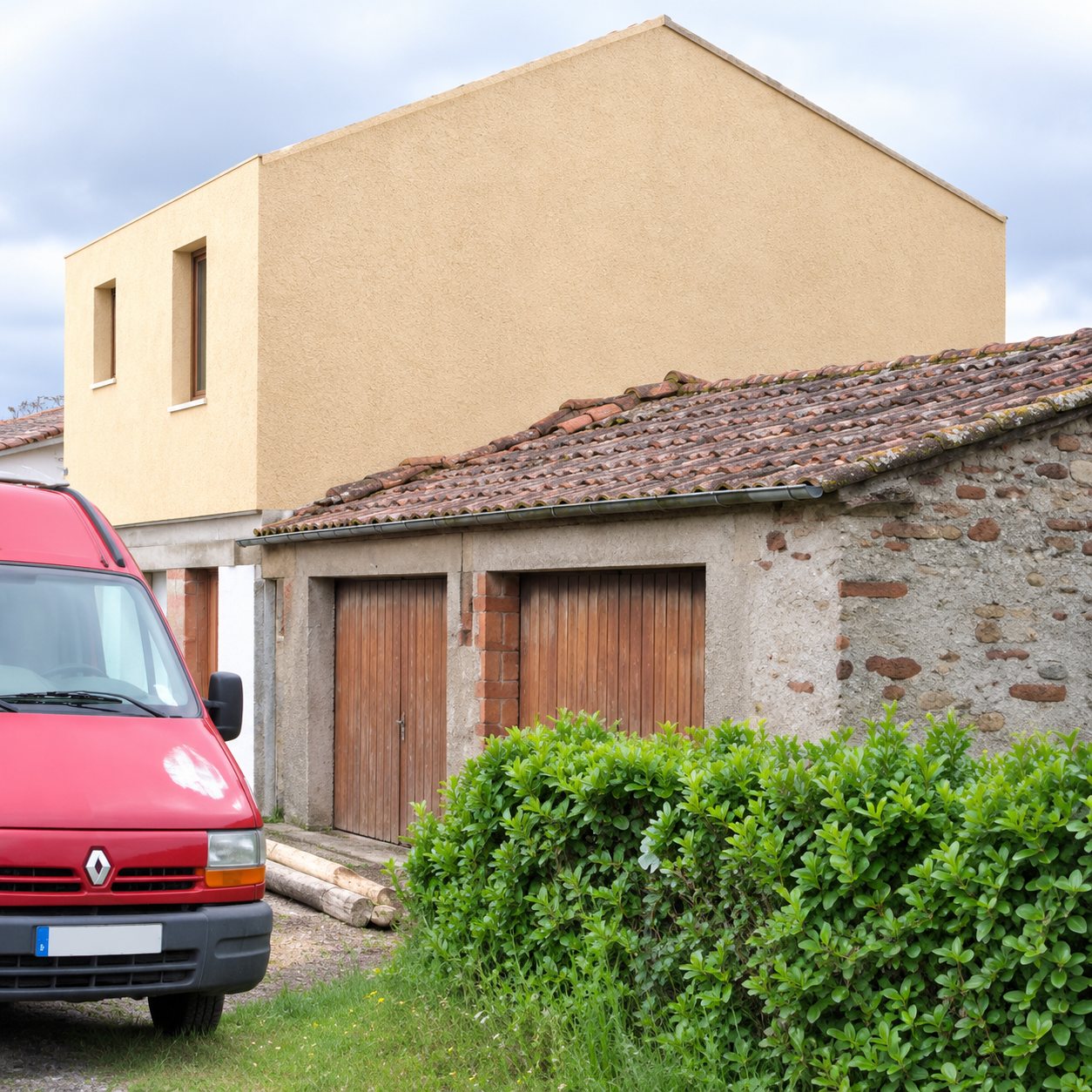 Une maison en pierre avec portes en bois et une extension à façade claire, devant laquelle est garée une camionnette rouge près d'une haie verte.