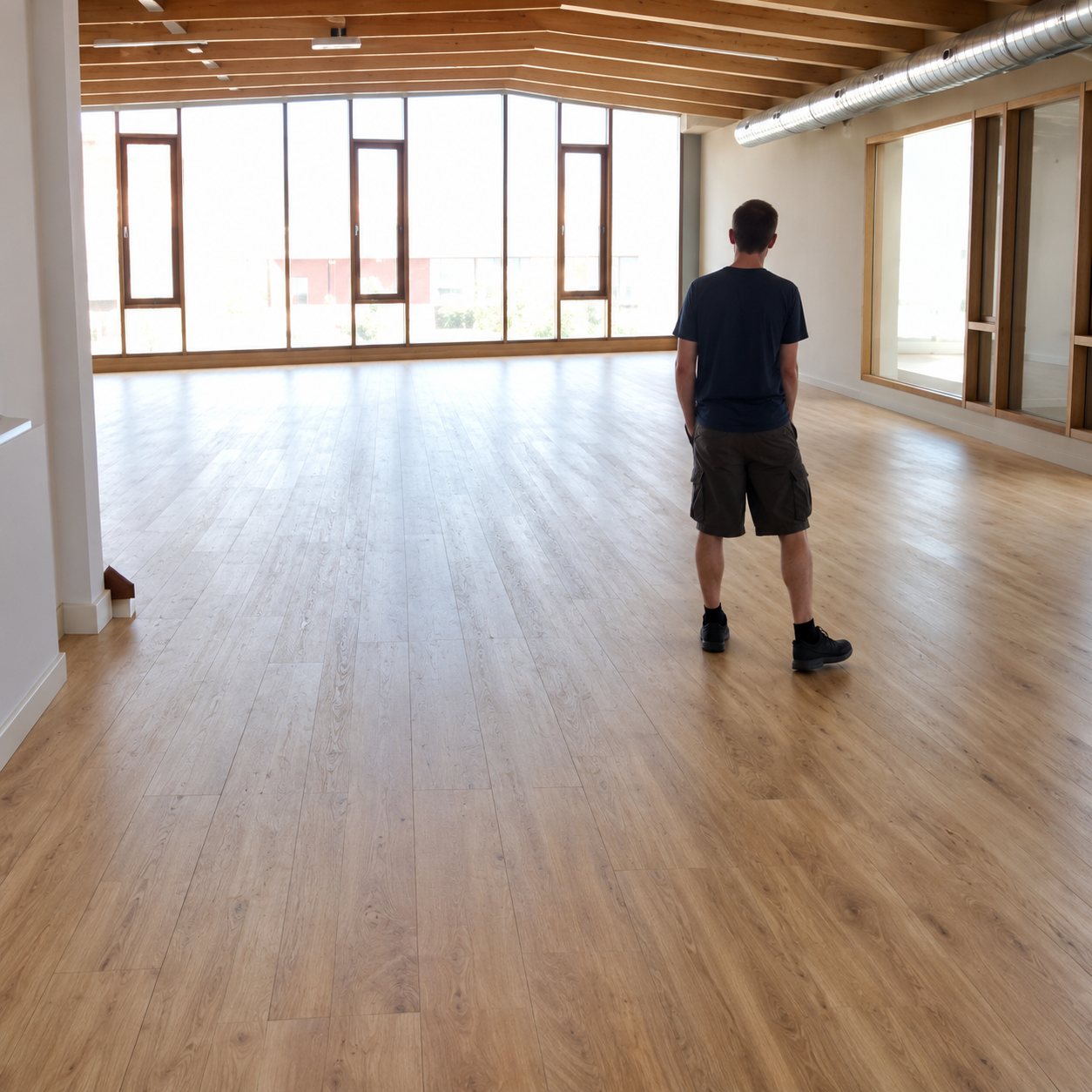 Une personne se tient au fond d'une grande salle lumineuse au parquet en bois clair, avec de larges fenêtres sur le mur du fond.