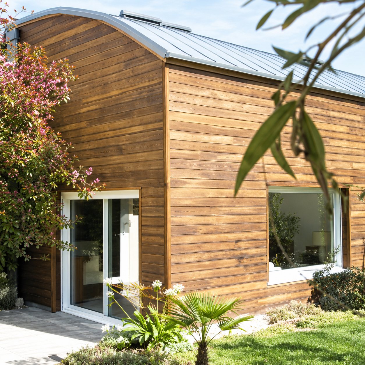 Façade d'une petite maison au bardage en bois naturel et au toit gris, avec grandes baies vitrées et un jardin fleuri au premier plan.