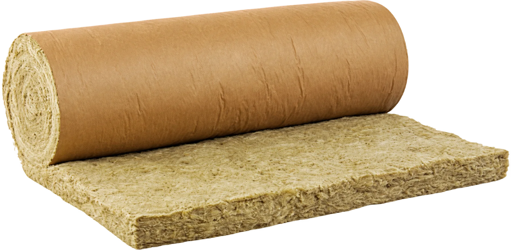Un rouleau de laine de roche partiellement déroulé, avec son revêtement en papier kraft brun, présenté sur fond blanc.